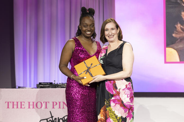 Kristen Manion Taylor, Senior Vice President of In-Flight Service at Delta, honored Delta flight attendant and "survival sister"&nbsp;Marenda Hughes Taylor with the&nbsp;Roslyn and Leslie Goldstein Unsung Hero Award at this year's&nbsp;Breast Cancer Research Foundation Hot Pink Party in New York.