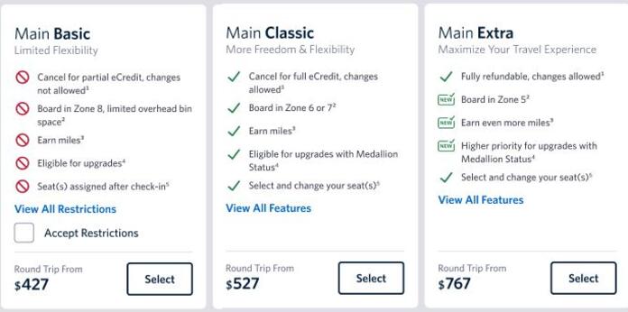 Sliding section: classes of Main cabin offerings