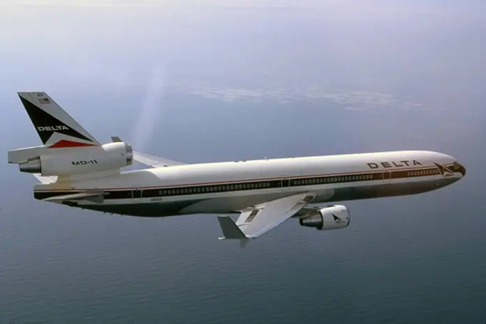 MD11 flying above water