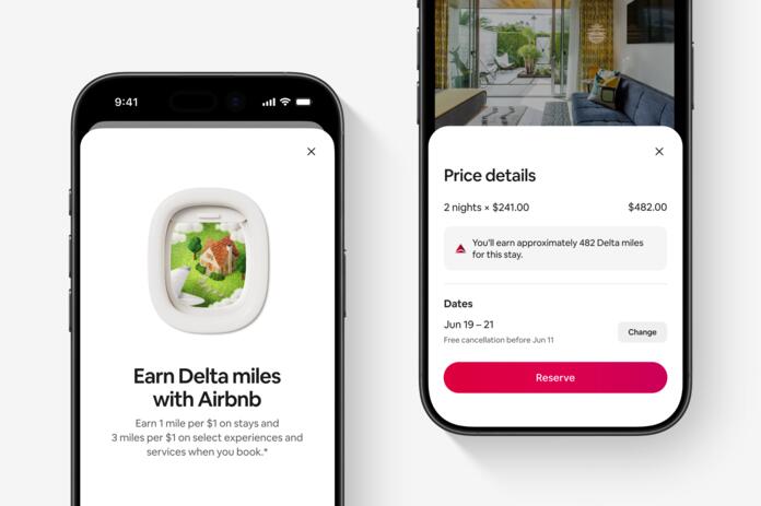 Two smartphone screens showing an Airbnb booking flow highlighting earning Delta miles and price details for a stay.