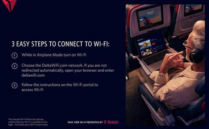Graphic showing “3 Easy Steps to Connect to Wi‑Fi” alongside a photo of a passenger using a laptop and headphones in an airplane seat, with seatback screens visible.