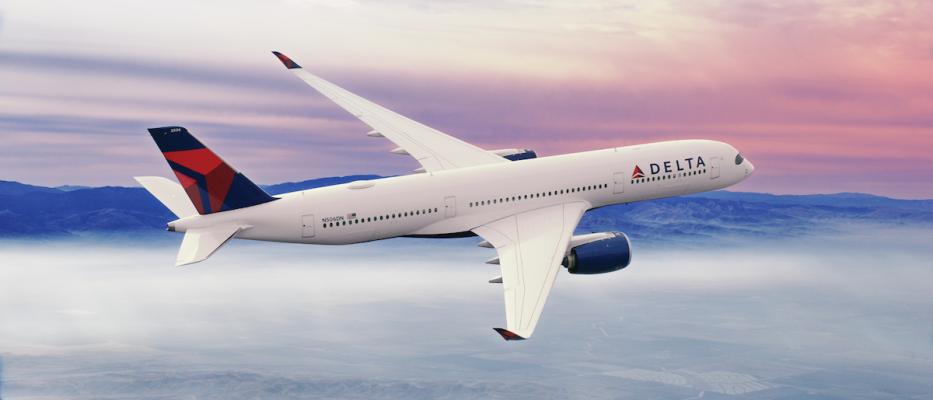 A350-900 in flight with a sunset