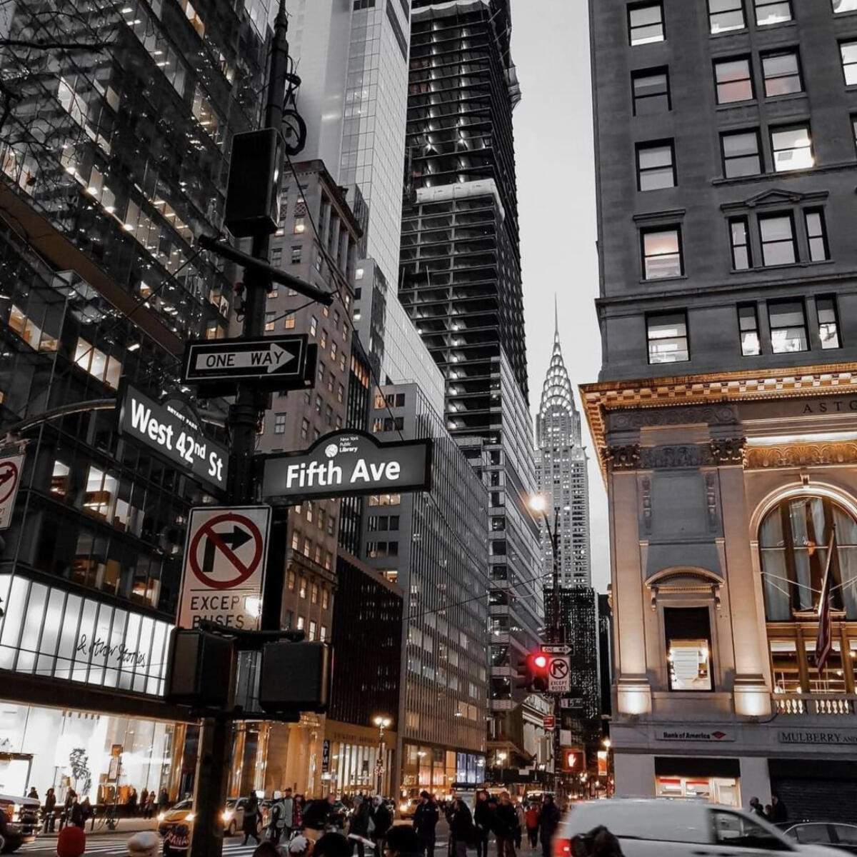 The intersection of W. 42nd Street and 5th Avenue in New York City.