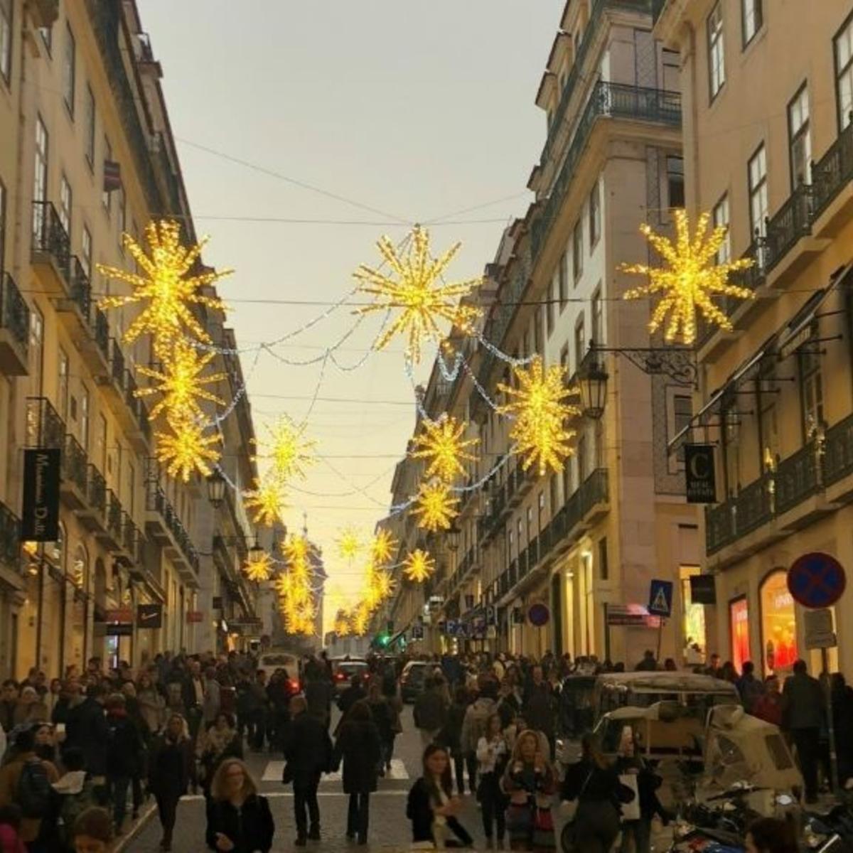 A lit up street in Lisbon, Portugal