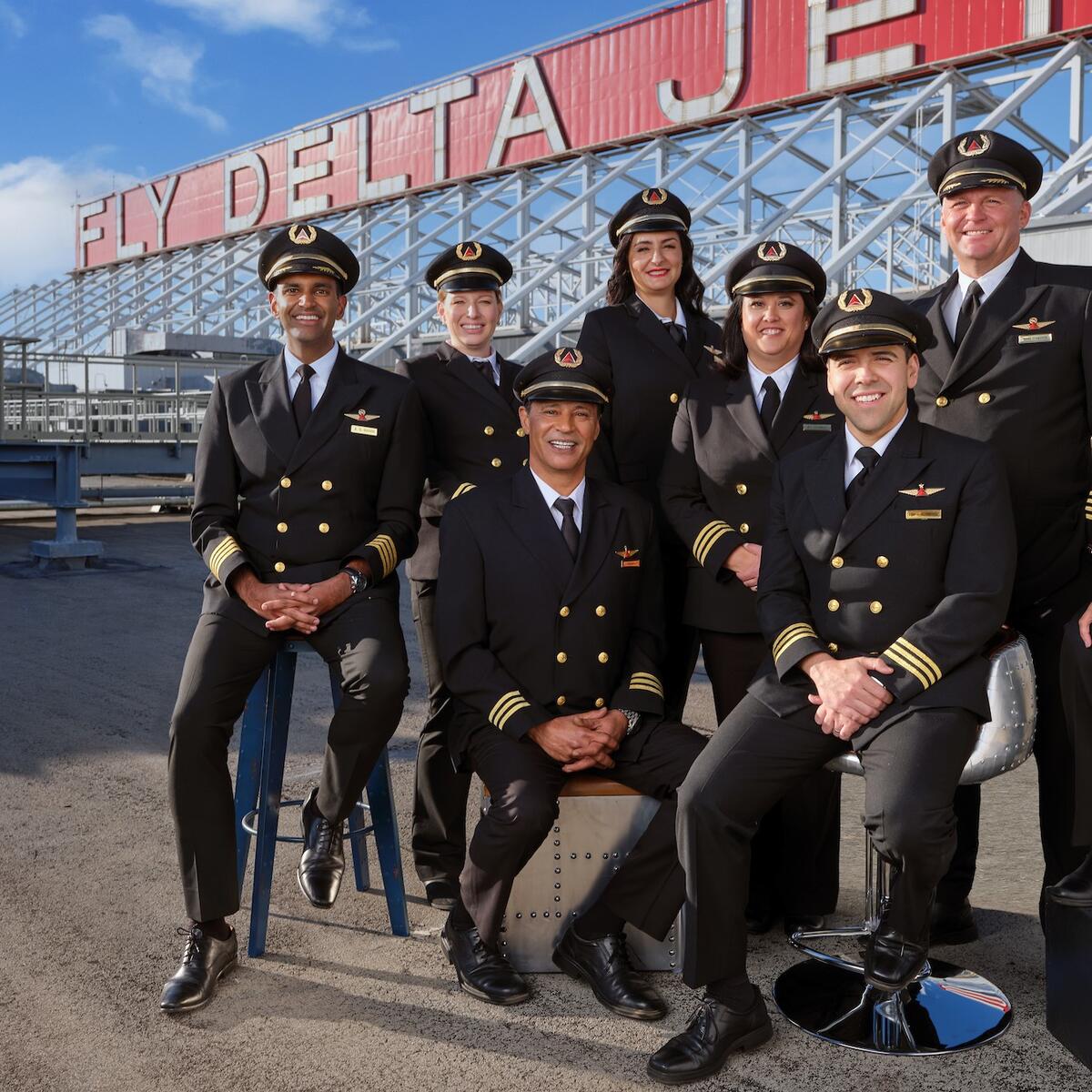 Delta pilots pose in front of a "Fly Delta Jets" sign.