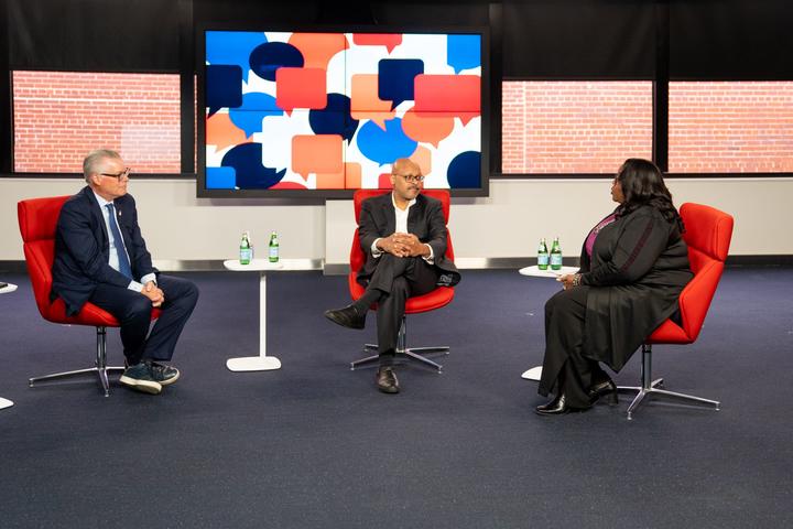 CEO Ed Bastian participates in a town hall at Delta's Atlanta headquarters.