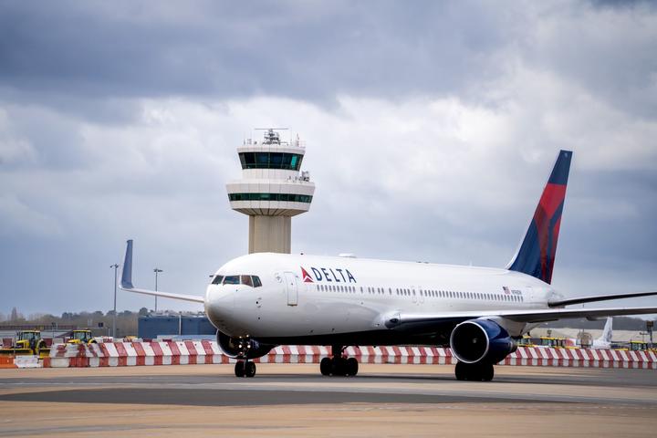 A Delta Air Lines Boeing 767 taxis at London's Gatwick Airport (LGW).