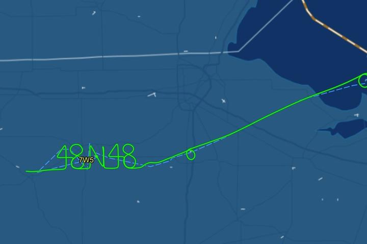 Delta pilots Barry Behnfeldt and Aaron Wilson spell out 48N48 in the sky while flying back home after flying through 48 states in 48 hours.