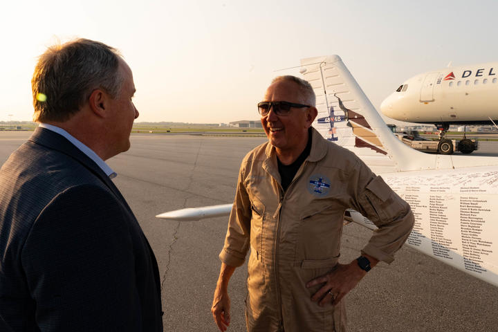 Pilots Barry Behnfeldt and Aaron Wilson, along with maintenance technician Thomas Twiddy make a stop at Hartsfield-Jackson Atlanta International Airport (ATL) during their 48N48 mission -- an attempt to land in all 48 of the contiguous states within 48 hours. They were greeted by Delta Chief of Operations John Laughter.
