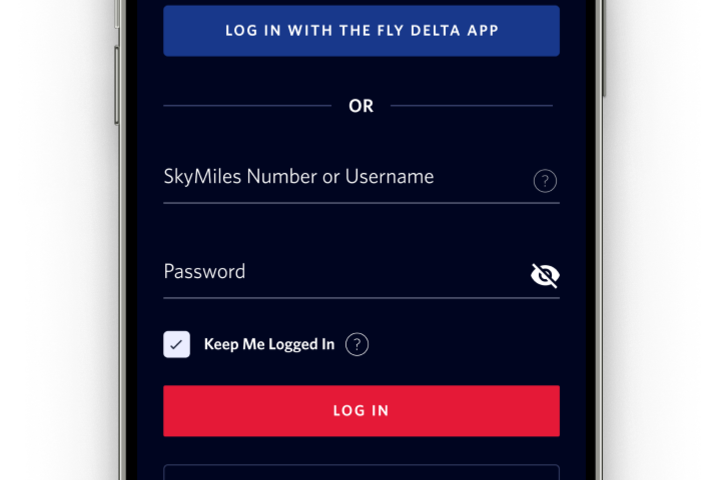 The log-in page on a mobile phone for Delta's fast, free Wi-Fi.