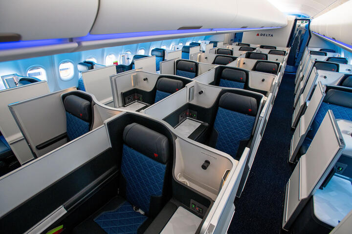 Interior of Delta One cabin with Delta One Suites