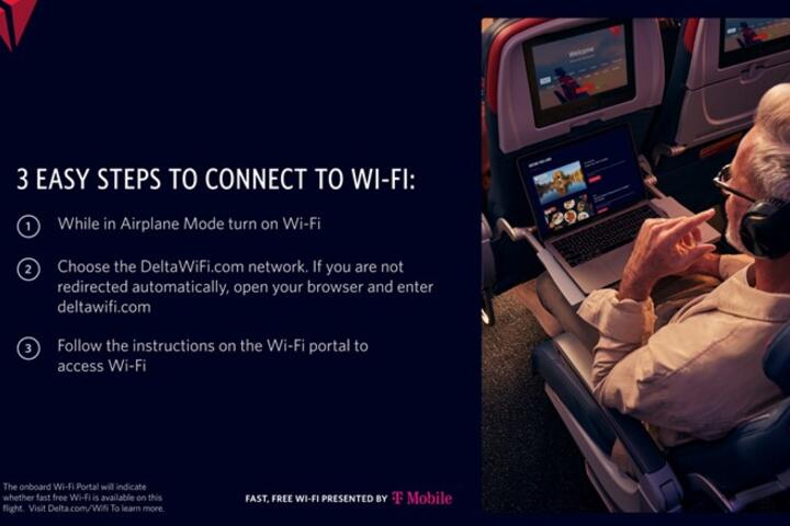 Graphic showing “3 Easy Steps to Connect to Wi‑Fi” alongside a photo of a passenger using a laptop and headphones in an airplane seat, with seatback screens visible.