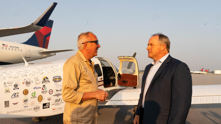 Pilots Barry Behnfeldt and Aaron Wilson, along with maintenance technician Thomas Twiddy make a stop at Hartsfield-Jackson Atlanta International Airport (ATL) during their 48N48 mission -- an attempt to land in all 48 of the contiguous states within 48 hours. They were greeted by Delta Chief of Operations John Laughter.