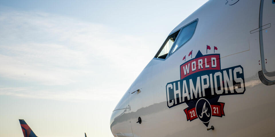 Delta's "World Champions" plane honoring the Atlanta Braves.