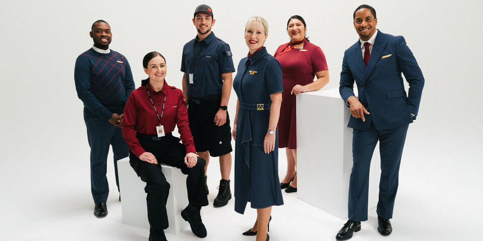 A group shot of the prototypes for Delta's all-new, modern uniform collection.