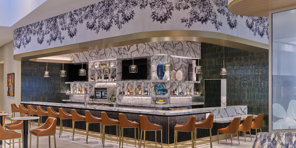 View of the bar at Delta's new Sky Club at Charlotte Douglas International Airport
