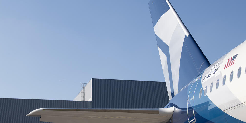 A detail shot of Delta's Centennial livery, featuring swooping designs and Delta's Centennial colors: blue and silver.