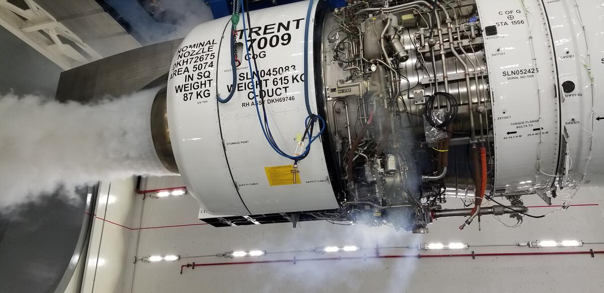 Rolls-Royce Trent 7009 aircraft engine test inside Delta Jet Engine Test Cell