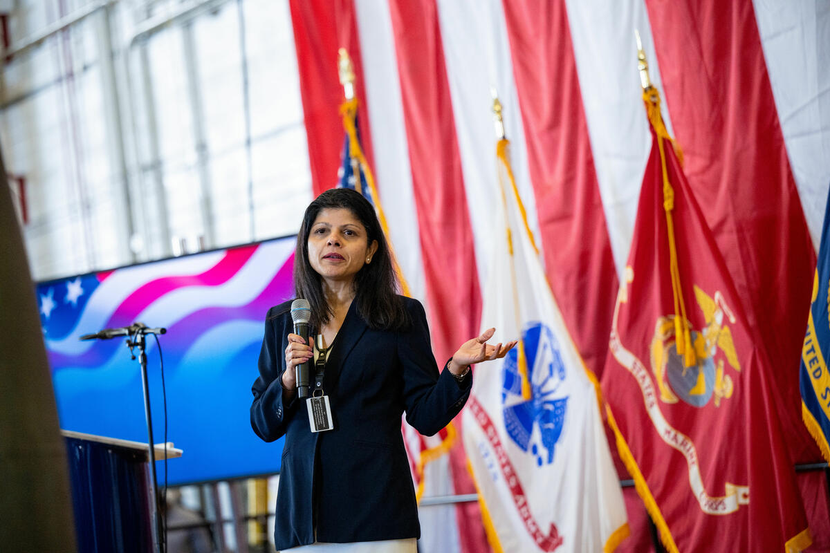 Penny Jacob, V.P. Commercial – DTSG, kicking off the 18th year Delta TechOps is responsible for assembling bikes and collecting gifts for Toys for Tots.