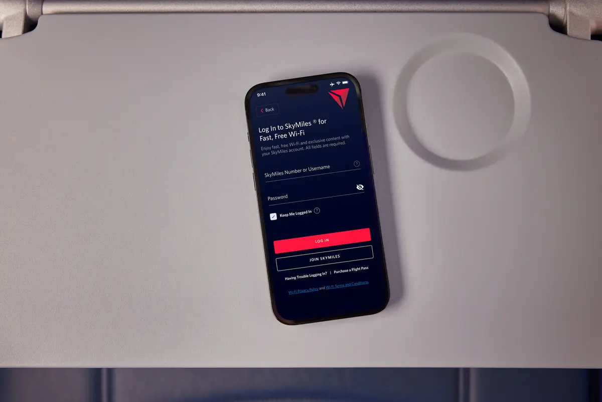 Delta's Wi-Fi login screen is displayed on a cellphone.