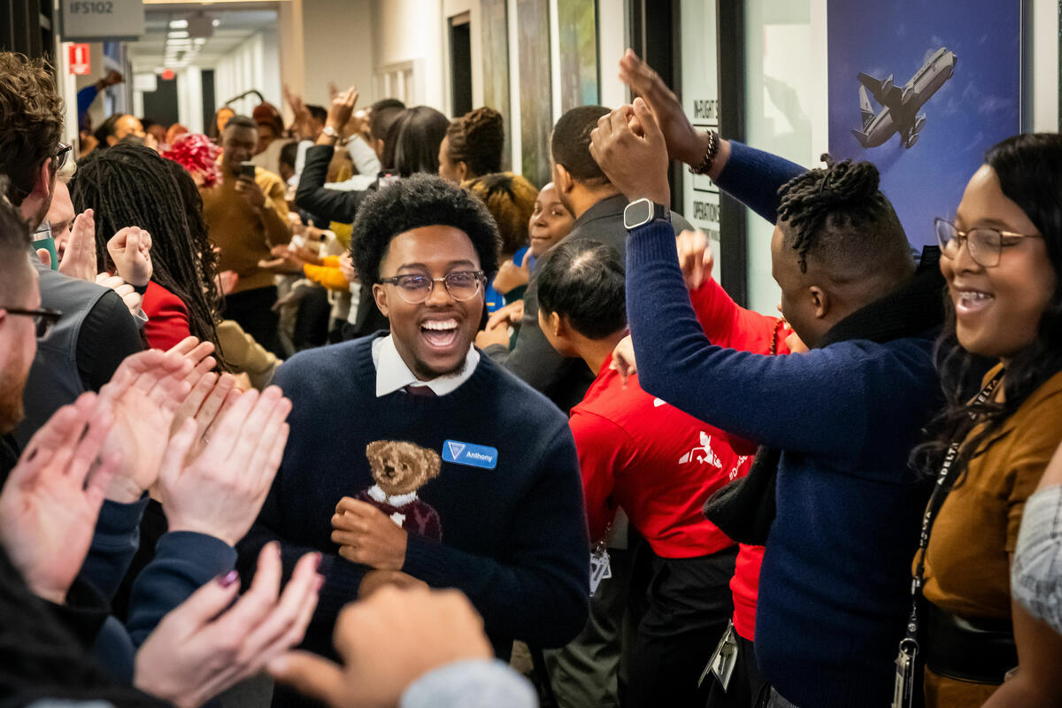 A student of Delta's new Business Class Program is welcomed at the Delta World Headquarters in Atlanta.
