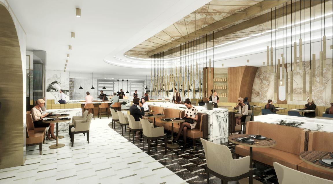 A rendering of the eating space at the new JFK Premium Lounge