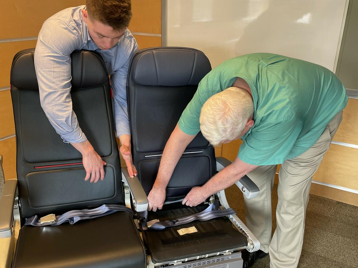 Jack Newman from the Onboard Experience team and Paul Anderson from the Cabin Engineering team attend one of our first seat cover design workshops for Delta's cabin interior redesign.