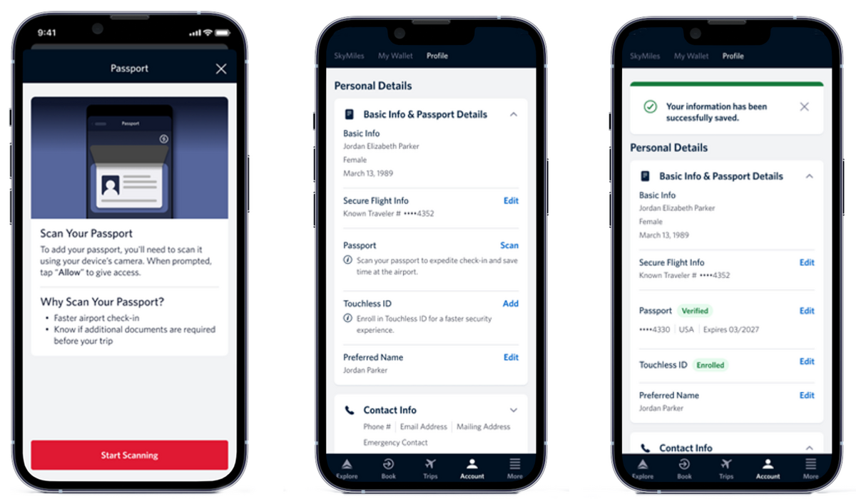 Three app screens showing passport scan prompt, personal details form, and confirmation message.