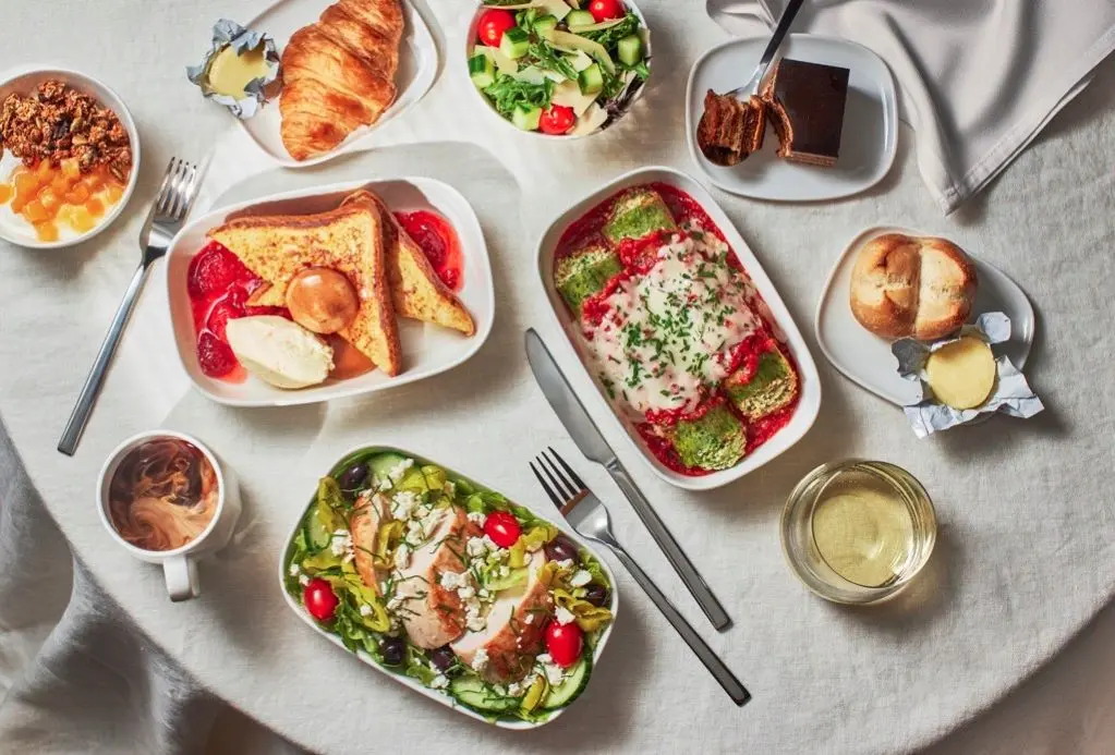 A spread of food featured on Delta flights for Delta One and Premium Select customers